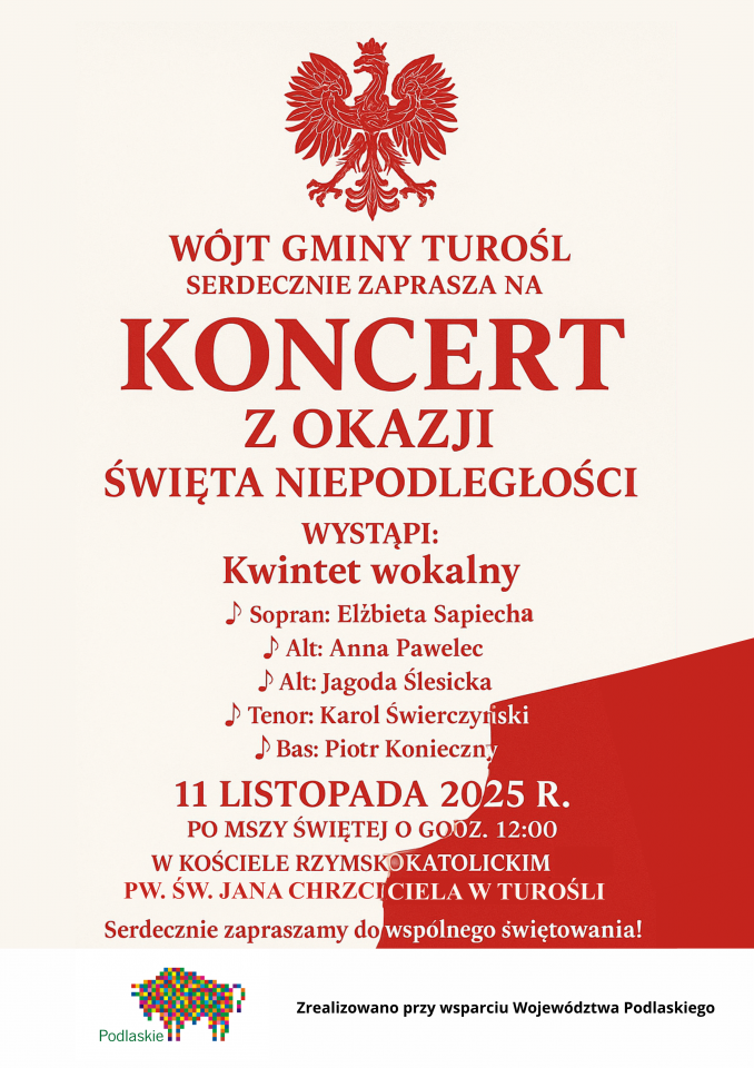 informacja o koncercie w dniu 11 listopada w kościele po mszy o 12